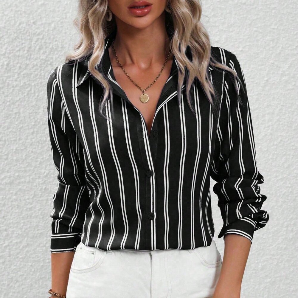 Black Casual Women's Striped Print Button Front Shirt - Picture 3 of 6